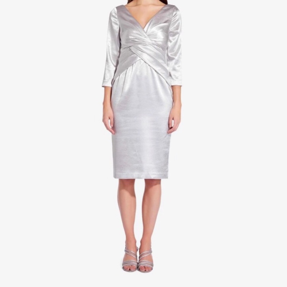 NWT Adrianna Papell Women’s Cocktail Satin Silver Midi Sheath Moonlight Dress 4